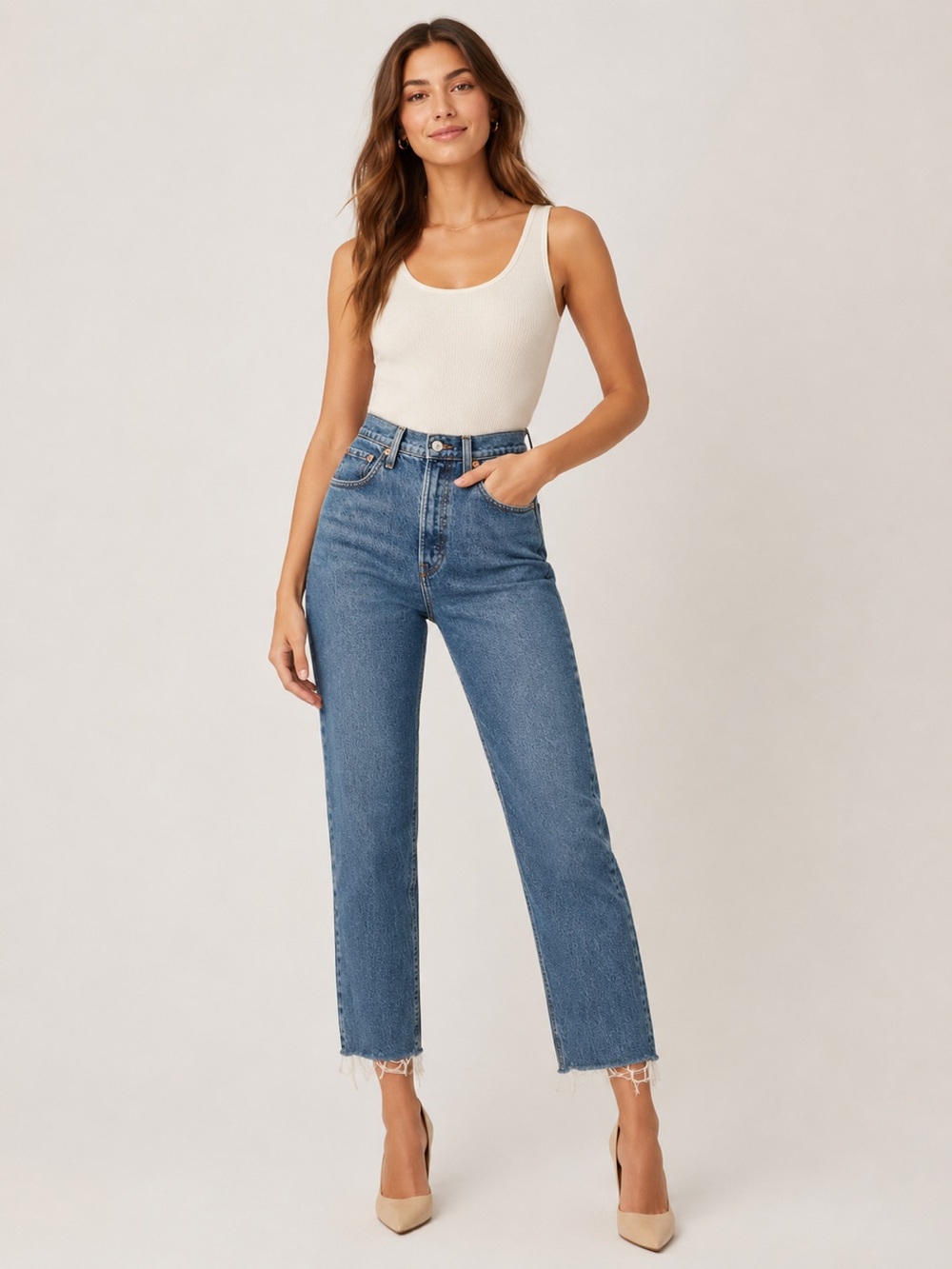 Levi’s Ribcage 26x25.5 Straight Women’s Jeans (Tag W28) Button Fly Frayed Hems
